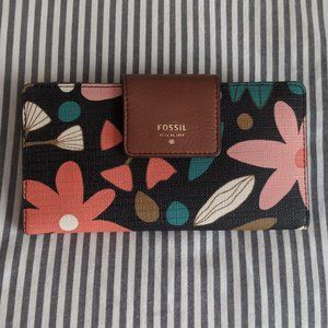 Floral and Brown Fossil Tab Clutch Wallet